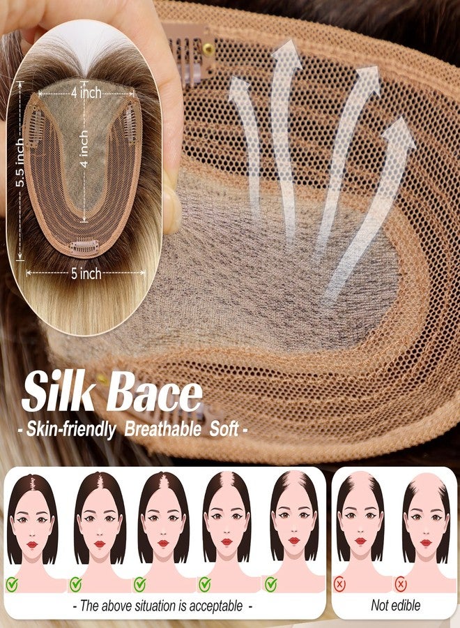 Starluck Real Human Hair Toppers for Women, 14 inch with Bangs, 5"x5.5" Base, Brown with Blonde Highlight, Covers Thinning Hair & Grey - Image 3